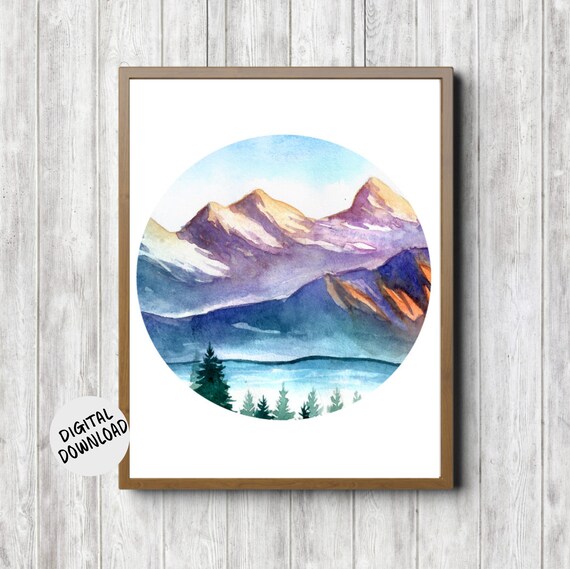 Watercolor Mountain Lake Landscape Wall Art Nature Poster Nursery Office Home Wall Decor 11 X 14 8 X 10 5 X 7 Circle