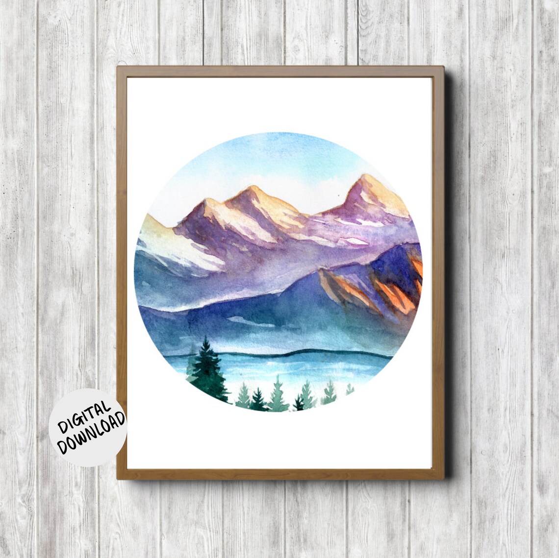 Purple Mountain Lake Circle Watercolor Nature Landscape Scene Print