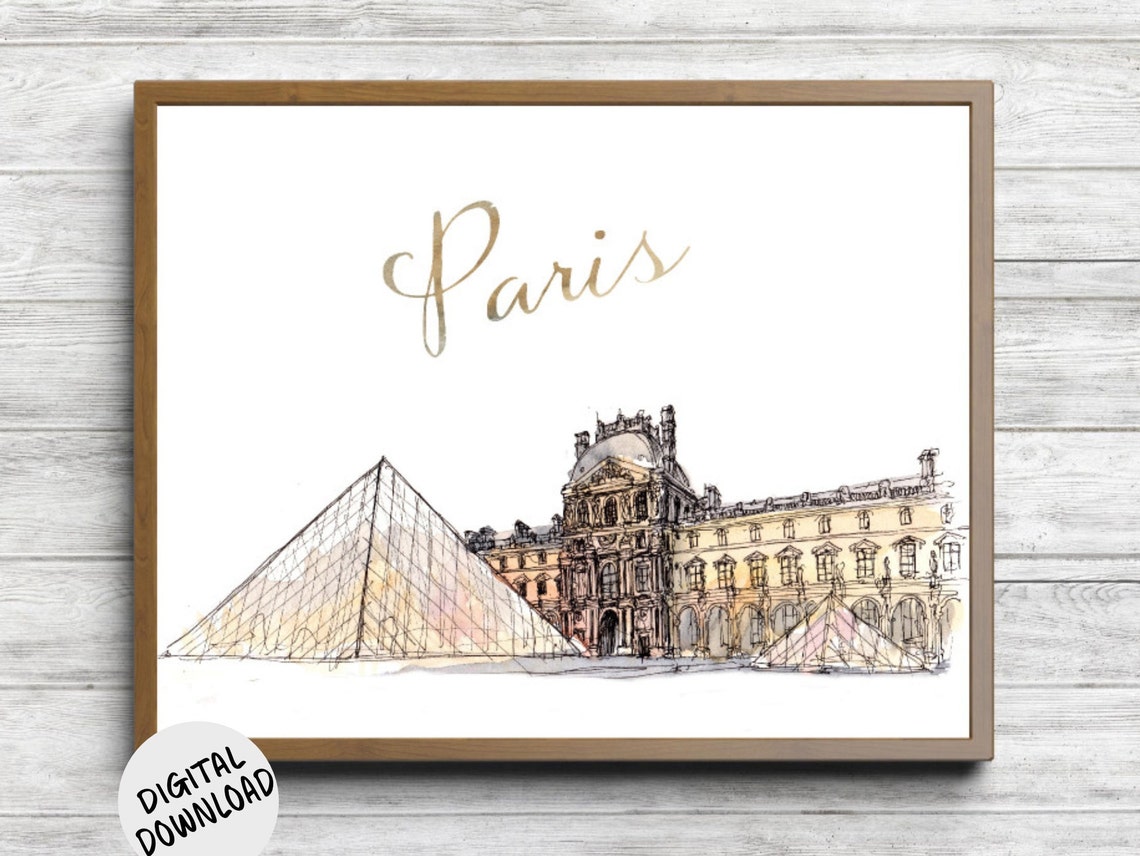 Paris Louvre Museum Pyramid Watercolor Gold Script Travel Poster