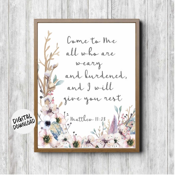Rustic Scripture Wall Art Matthew 11 28 Watercolor Flowers Feathers Twigs Come To Me Bible Verse Christian Art Gift