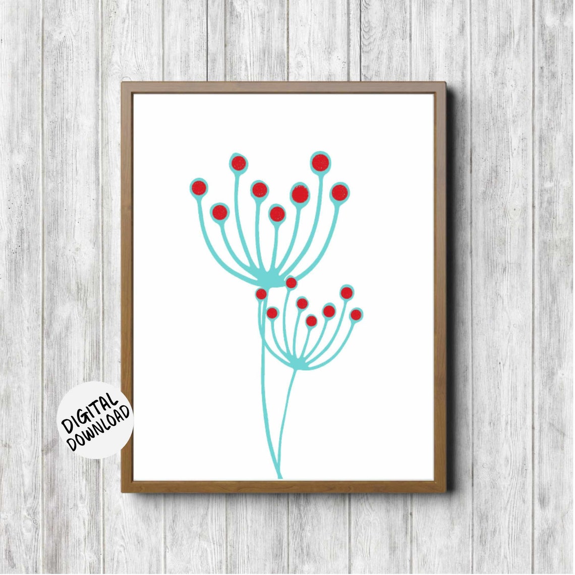 Turquoise Minimalist Floral Stems with Red Buds Botanical Poster