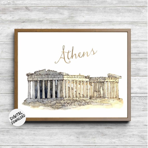 Parthenon Acropolis Wall Art Watercolor Athens Greece Poster Famous Landmark Travel Nursery Office Decor