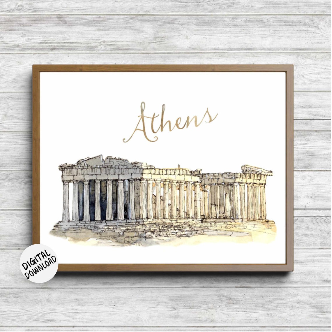 Athens Parthenon Acropolis Ruins Watercolor Gold Script Travel Poster