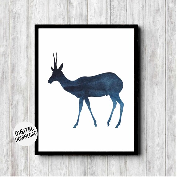 Springbok Antelope Silhouette Navy Watercolor African Animal Poster