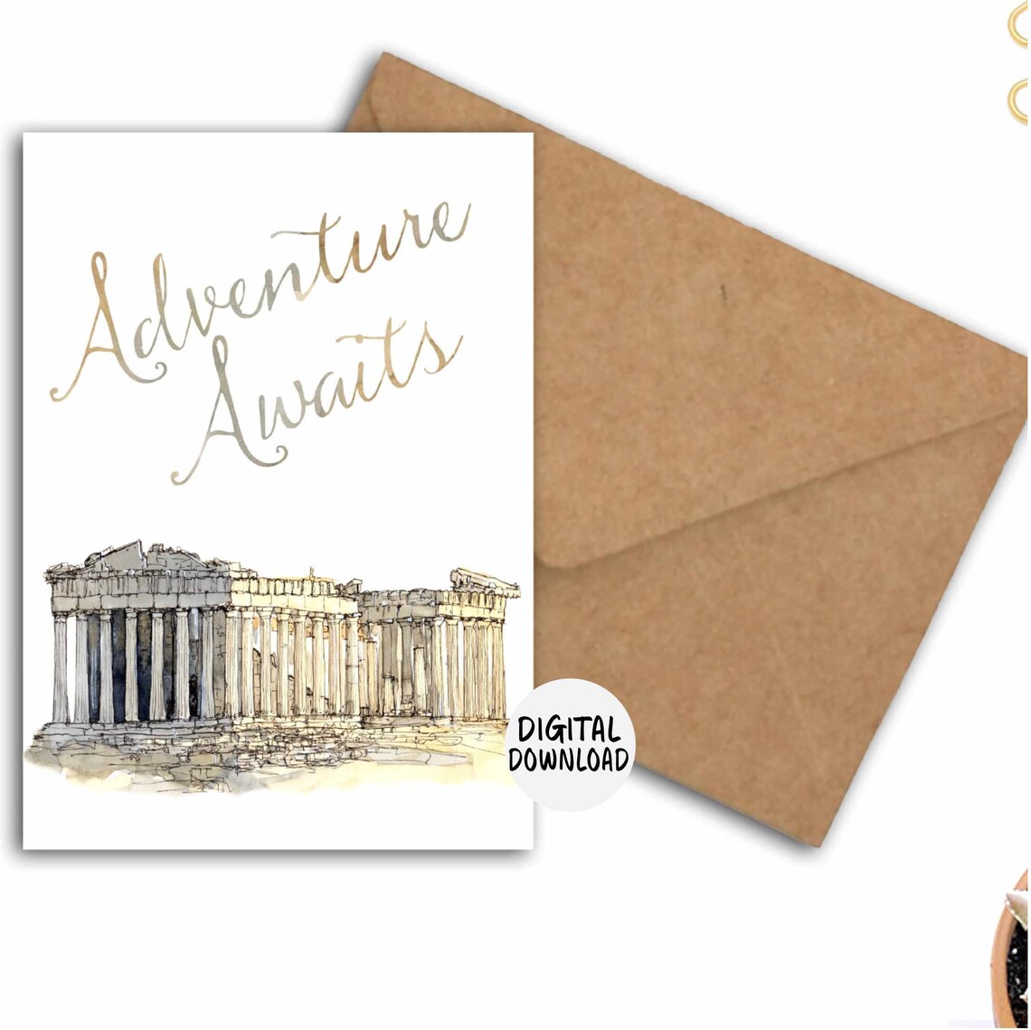 Adventure Awaits Athens Parthenon Watercolor Travel Card Poster