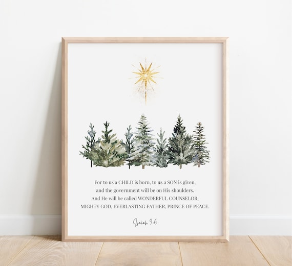 Isaiah 96 For To Us A Child Is Born Christian Christmas Decor Holiday Bible Verse Wall Art Scripture Print Watercolor Evergreen
