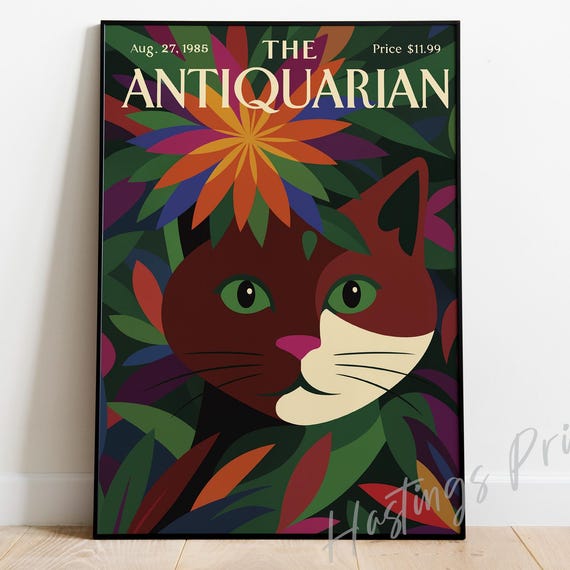 The Antiquarian Stylized Cat Tropical Leaves Flower Magazine Cover Poster