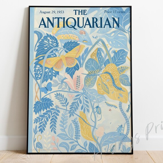 The Antiquarian 1953 Cover Vintage Blue Botanical Moth Insect Print