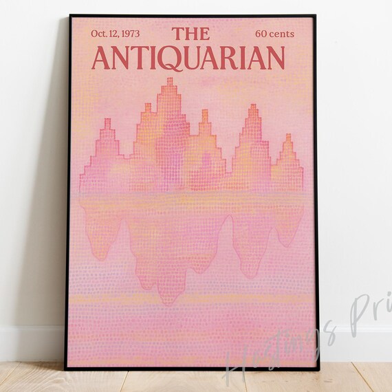 New Yorker Style Vintage Magazine Cover The Antiquarian Collectible Print Pastel Pink Skyline