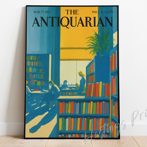 The Antiquarian 1967 Cover Cozy Blue Library Reading Room Readers Print