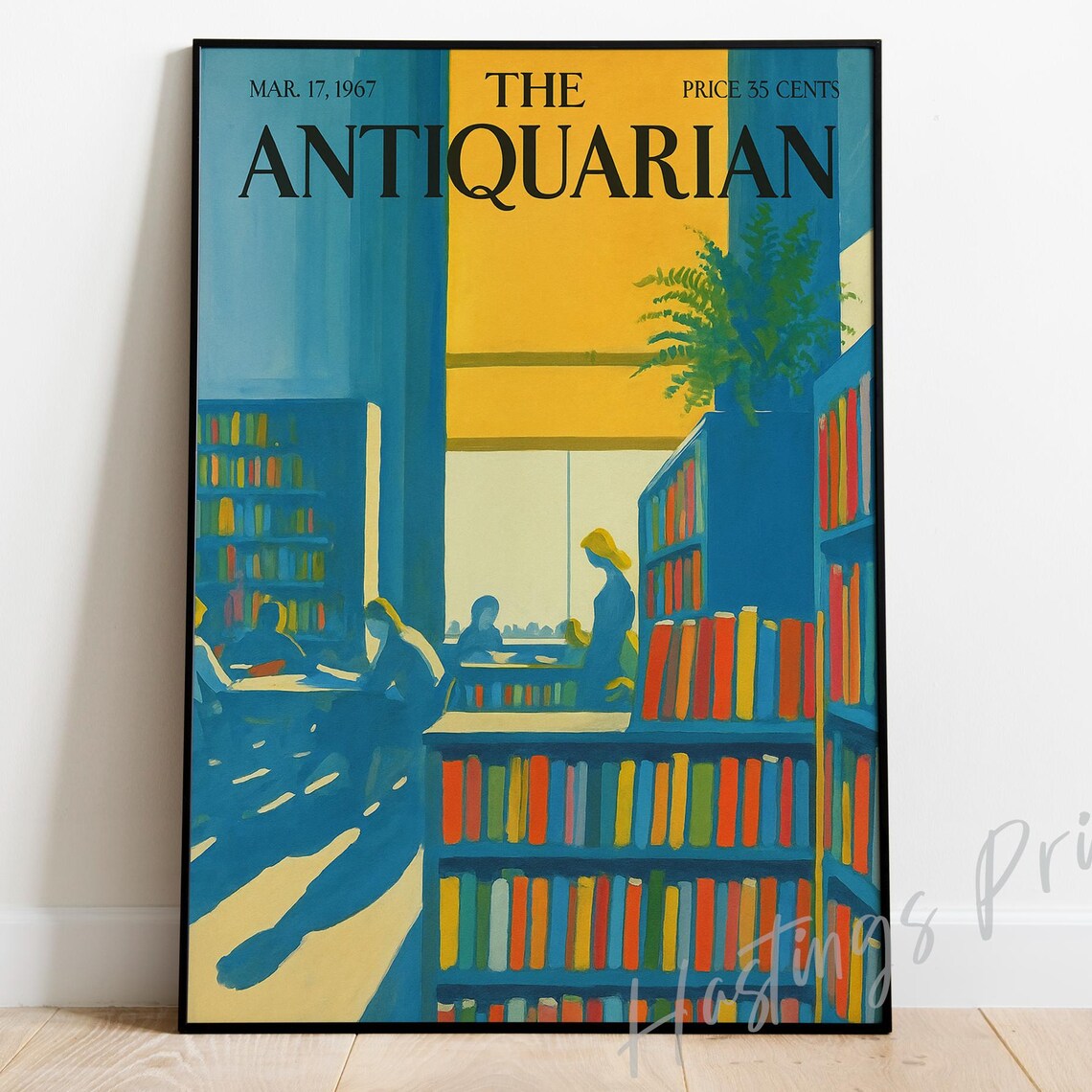 The Antiquarian 1967 Cover Cozy Blue Library Reading Room Readers Print