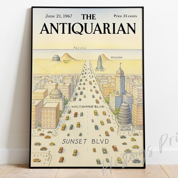 New Yorker Style Vintage Magazine Cover, Los Angeles Sketch