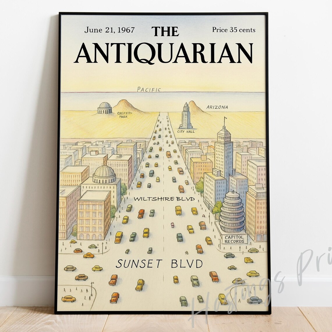 New Yorker Style Vintage Magazine Cover, Los Angeles Sketch