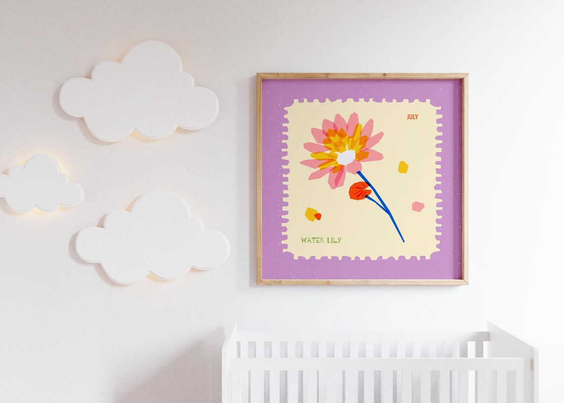 Water Lily July Birth Flower Stamp Style Colorful Nursery Wall Print