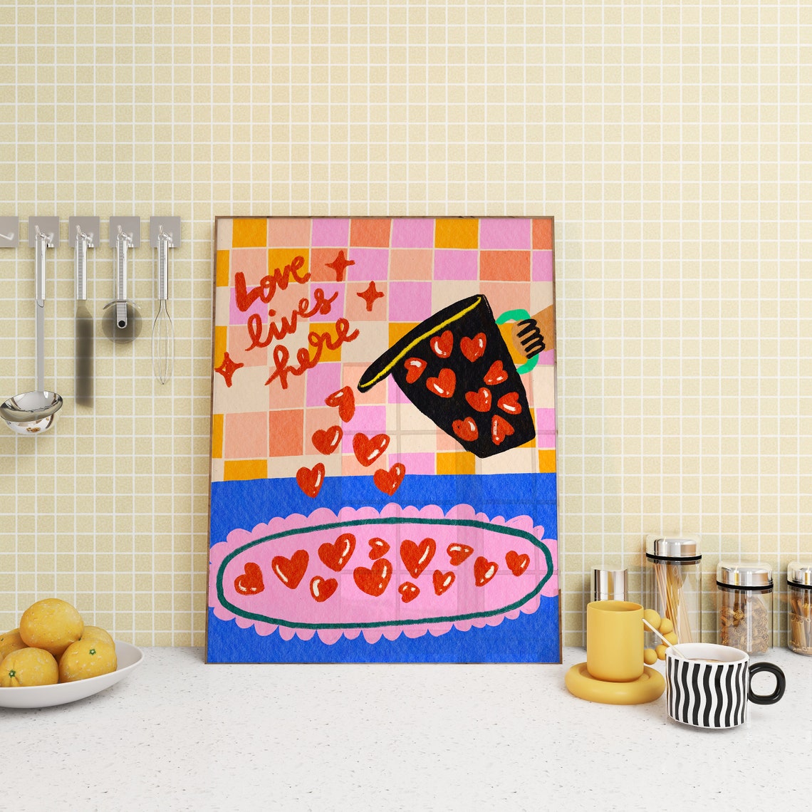 Pouring Love Kitchen Print, Colorful Heart Art