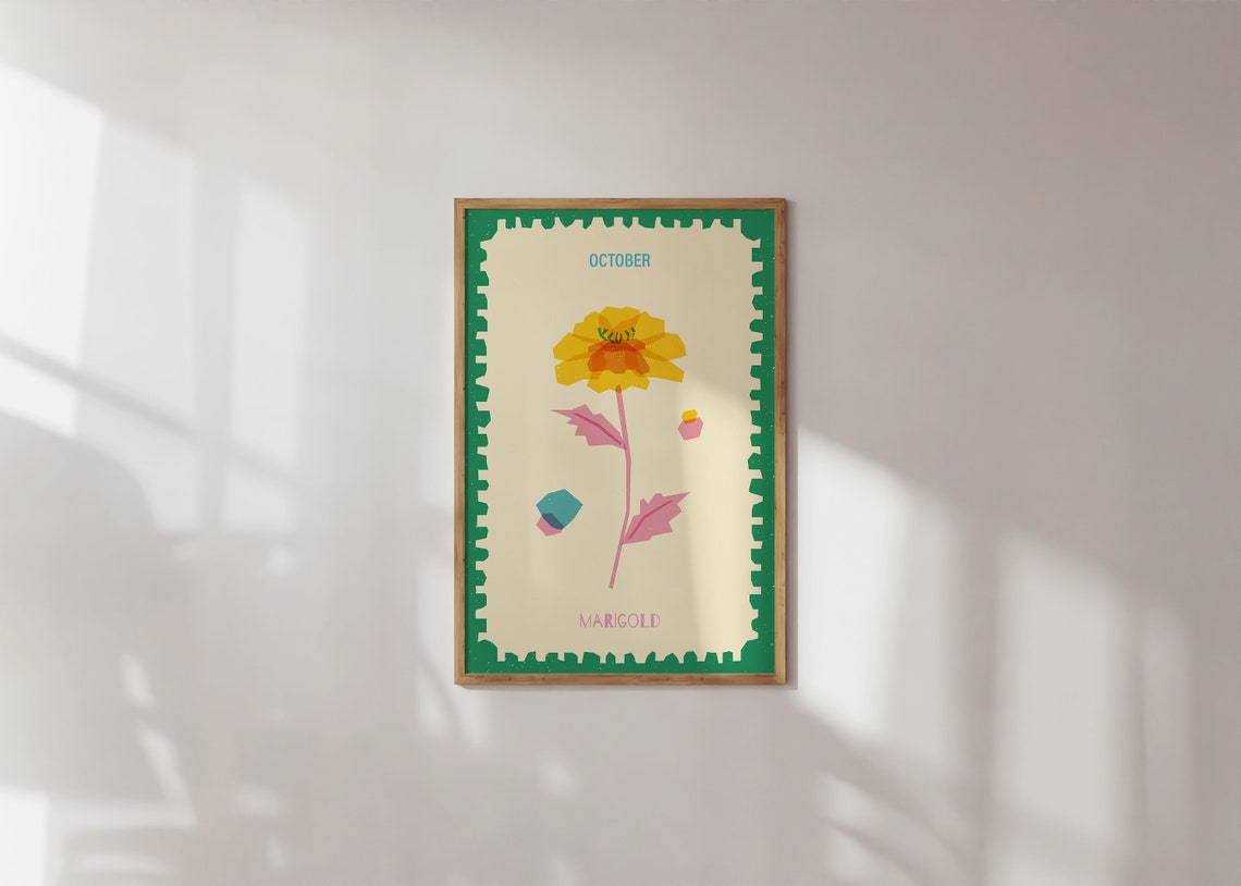 October Marigold Birth Month Flower Stamp Style Botanical Art Poster