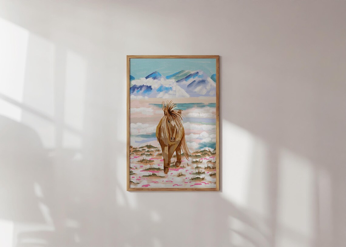 Chestnut Horse Snowy Mountain Meadow Colorful Equine Painting Poster