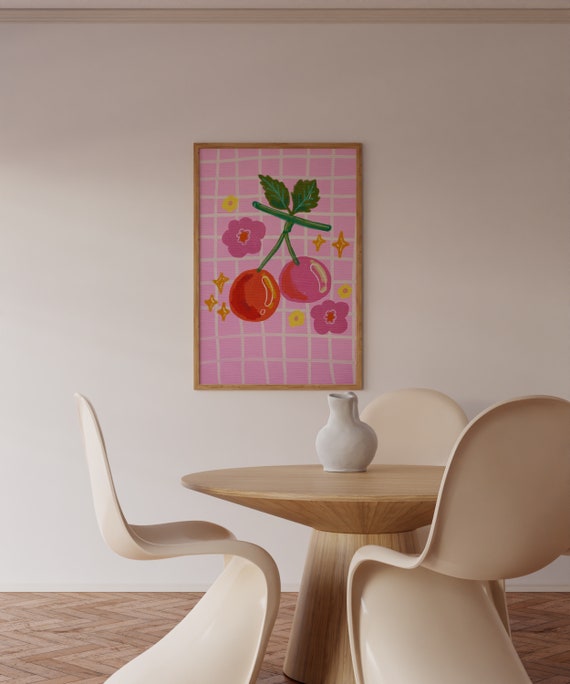 Pink Cherry Acrylic Wall Art Abstract Fruit Print