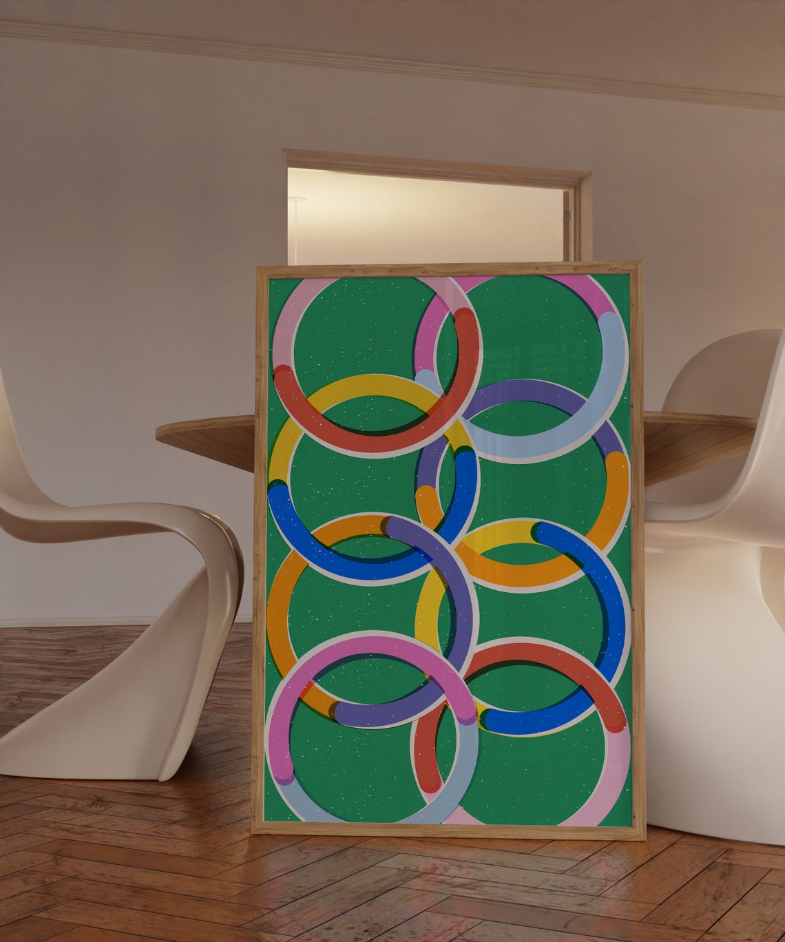Colorful Interlocking Circles Abstract Geometric Green Wall Poster