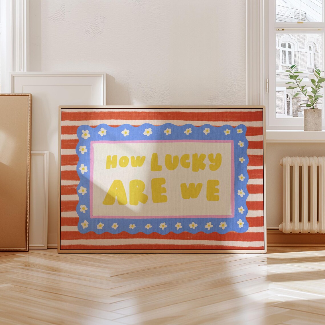How Lucky Are We Yellow Typography Daisy Border Trendy Wall Art