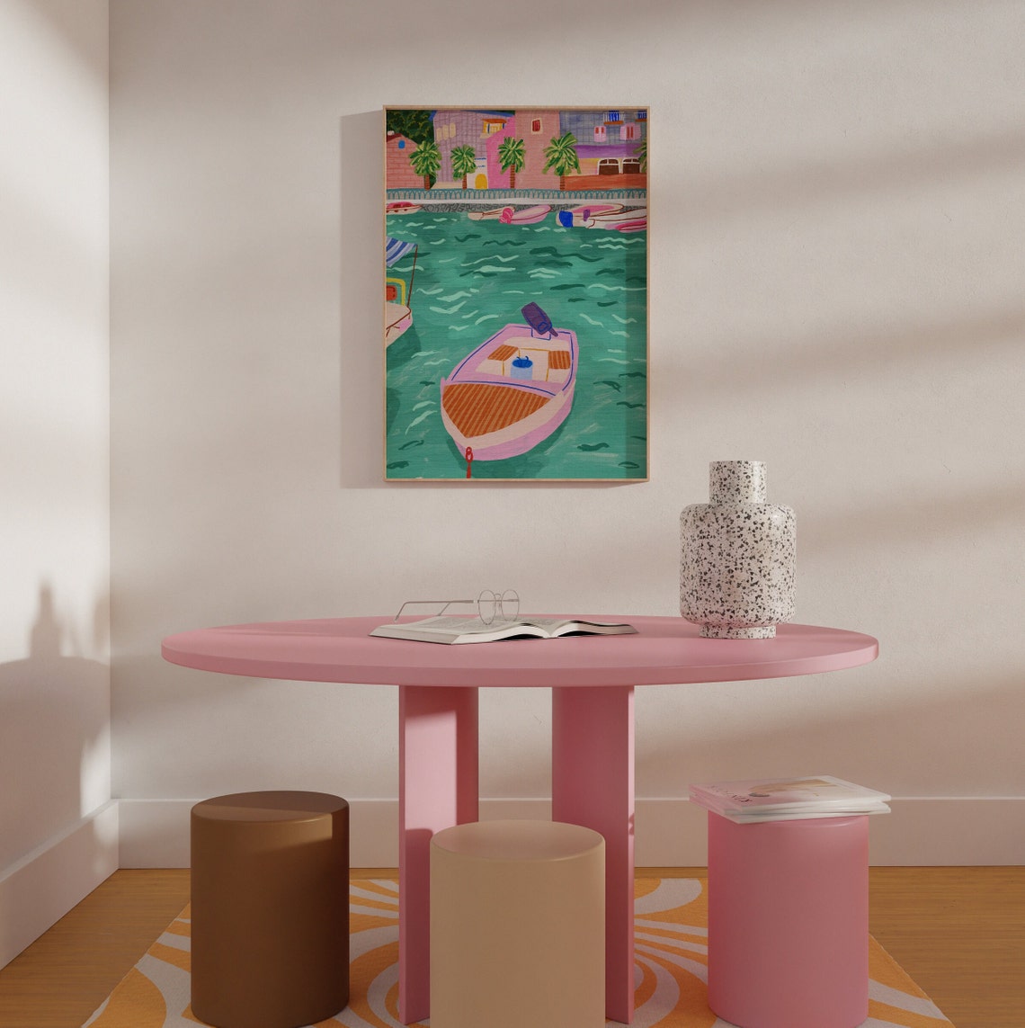 Colorful Harbor Boats Mediterranean Waterfront Painting Art Poster