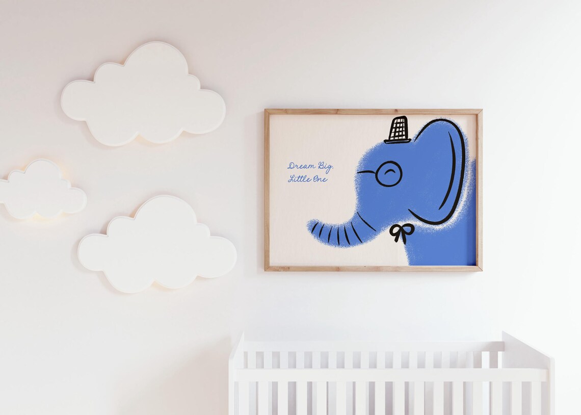 Blue Elephant Nursery Print, Eclectic Boy Room Art