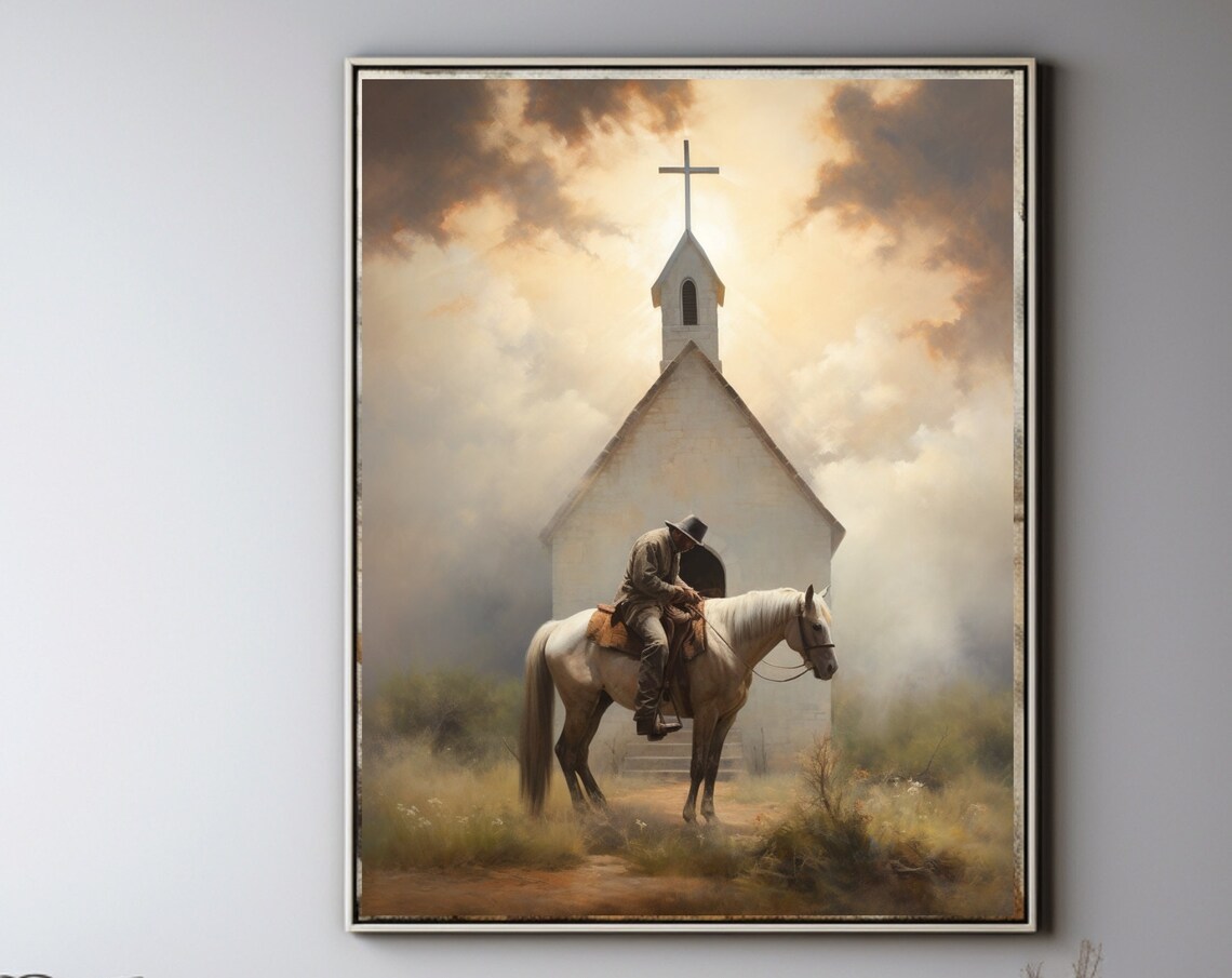 Praying Cowboy and Horse Christian Wall Art Print