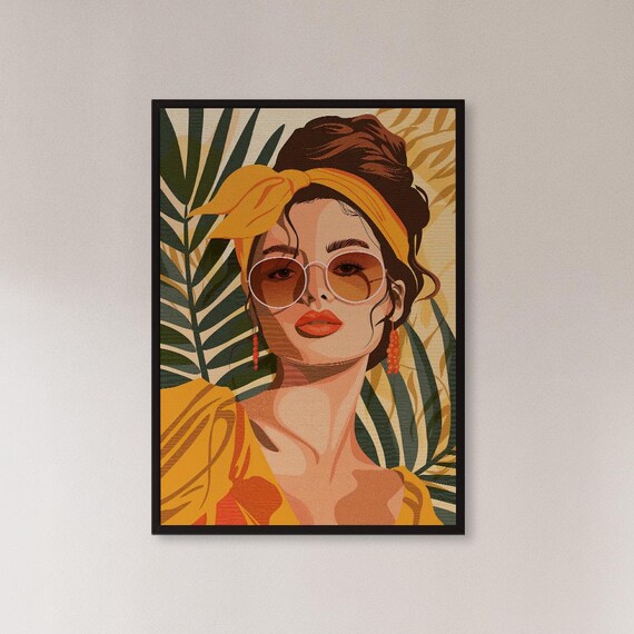 Framed Retro Woman Wall Art Print Summer Fashion Portrait With Palm Leaves Vintage Tropical Vibe Decor Gift For Stylish Home Or Studio