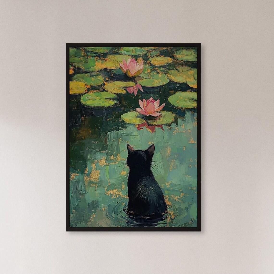 Black Cat Among Pink Water Lilies Pond Monet Style Painting Art Poster