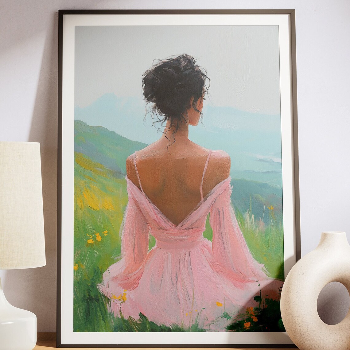 Woman in Pink Dress Sitting in a Green Meadow Hillside View Art Poster - Image 4