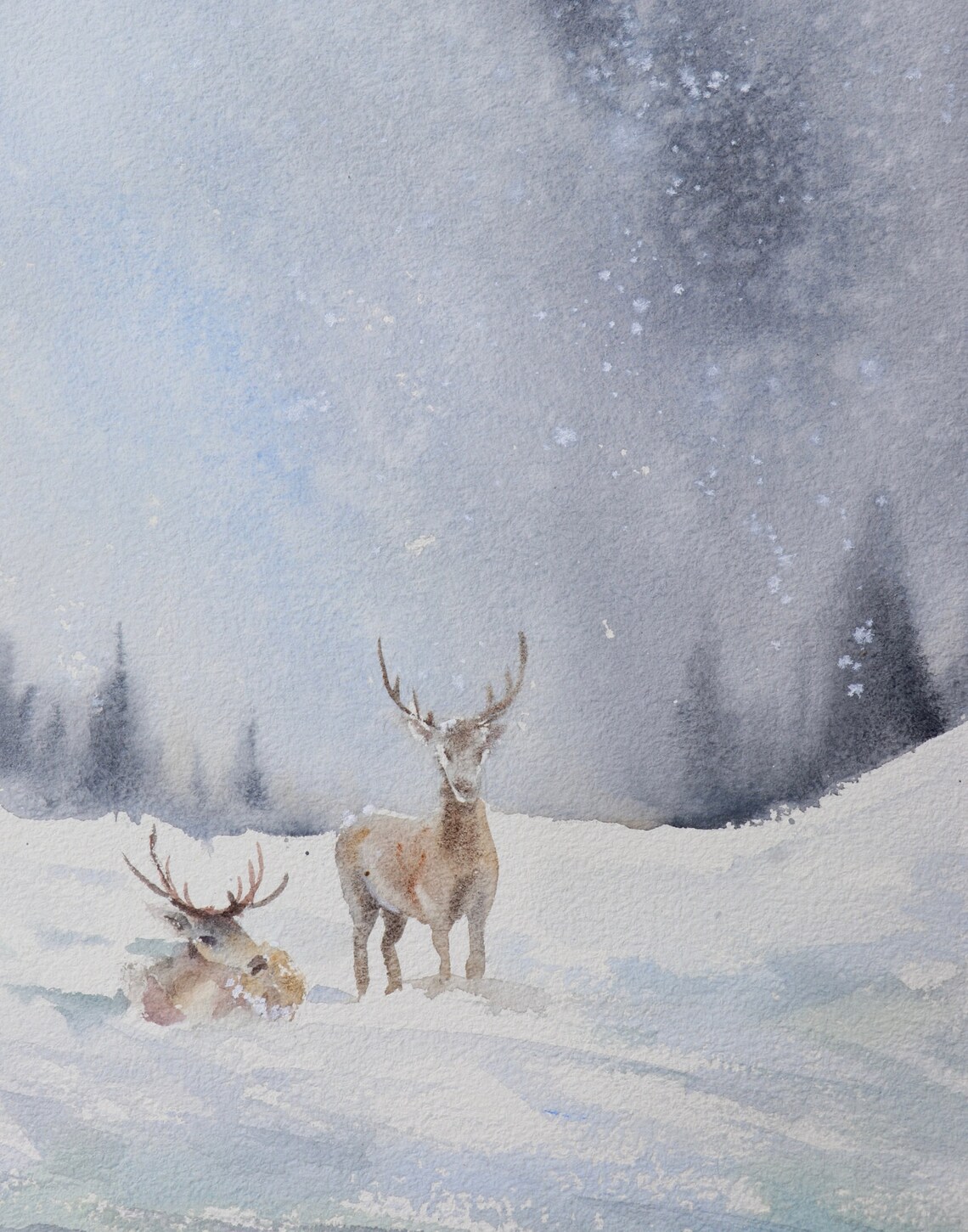 Two Deer in Snowy Winter Forest Watercolor Wildlife Animal Poster - Image 2