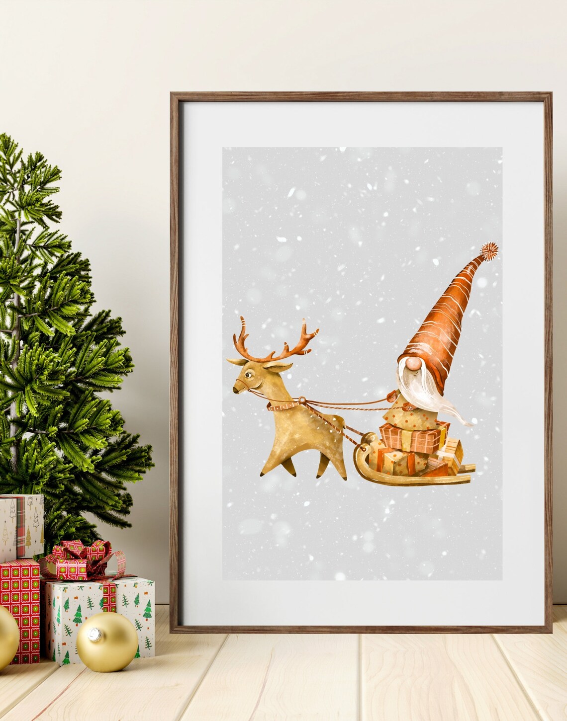 Christmas Gnome Sleigh Reindeer Watercolor Cute Holiday Poster - Image 4