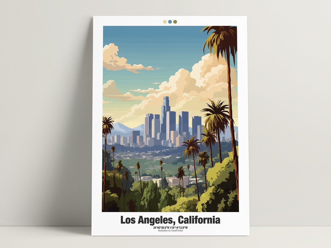 Los Angeles California Downtown Skyline Palm Trees Sunset Travel Poster - Image 3