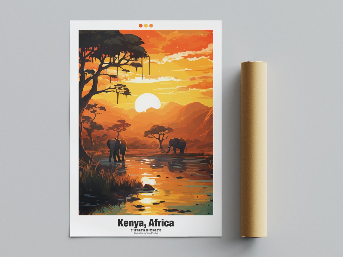Kenya Africa Safari Sunset Elephants Acacia Waterhole Travel Poster - Image 4
