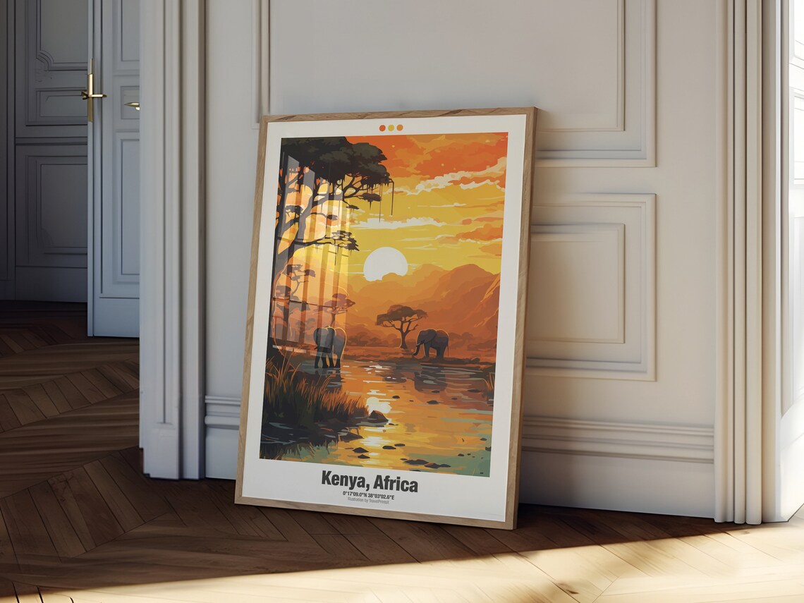 Kenya Africa Safari Sunset Elephants Acacia Waterhole Travel Poster - Image 2