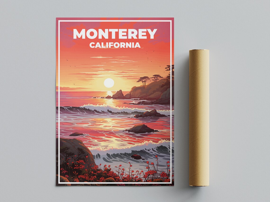 Monterey California Ocean Sunset Waves Red Sky Travel Poster
