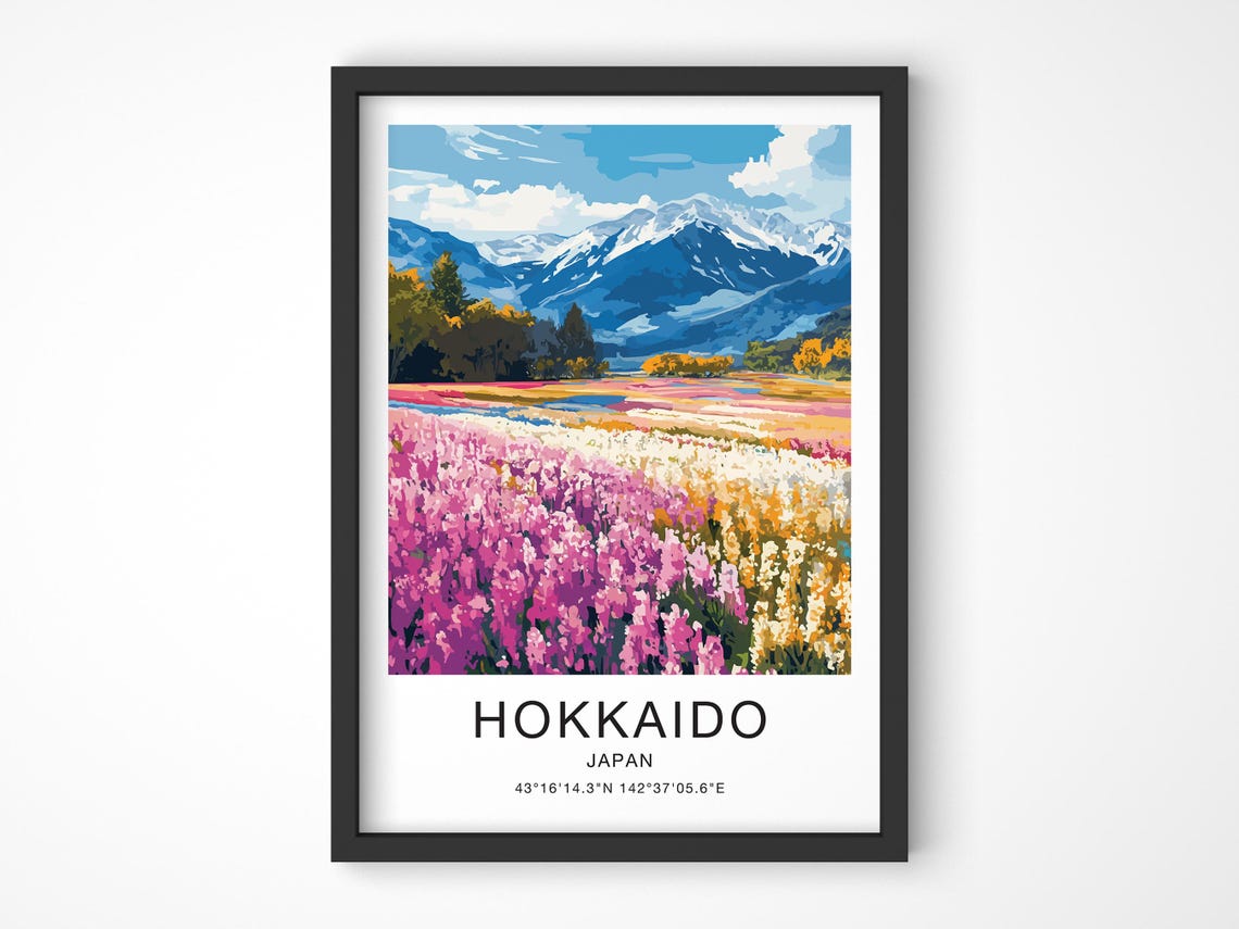 Hokkaido Japan Travel Poster Pink Flower Fields Snow Mountains Art