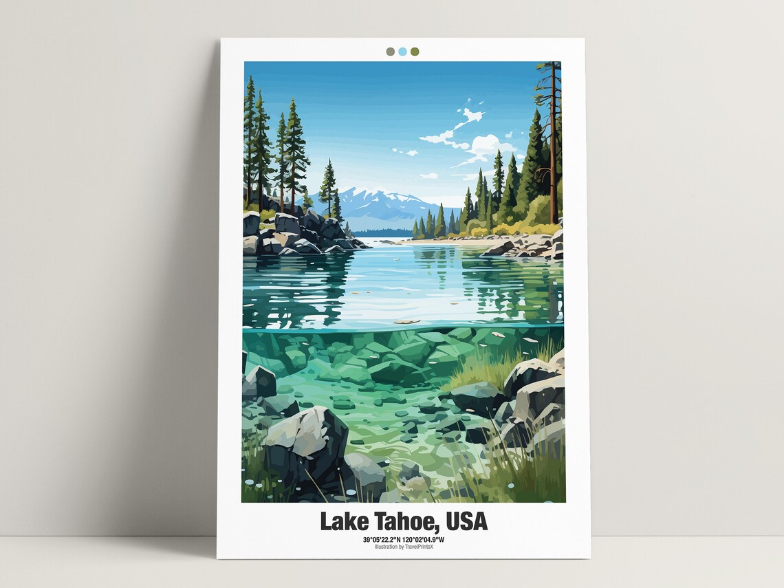 Lake Tahoe USA Clear Water Pine Shore Underwater Rocks Travel Poster - Image 4
