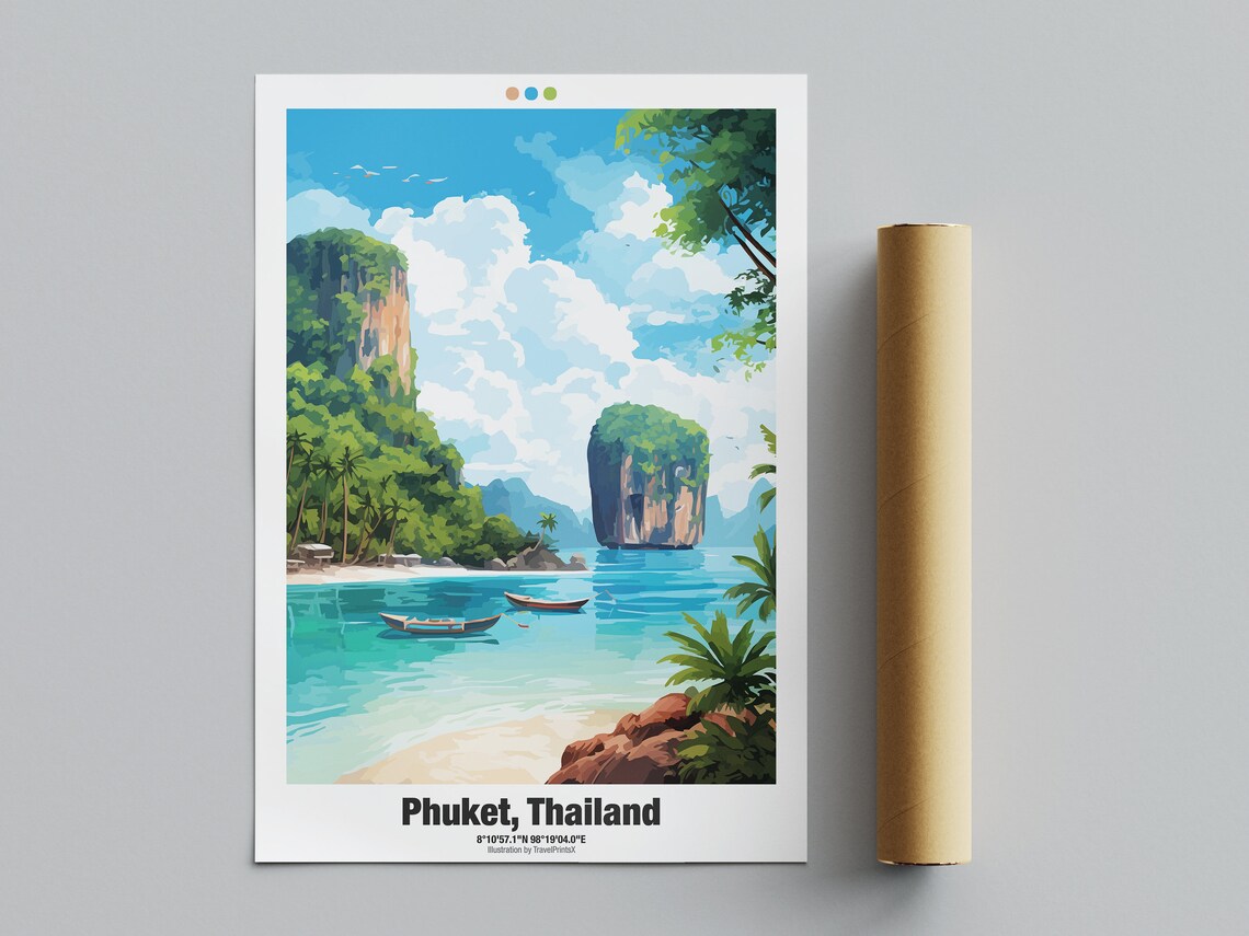 Phuket Thailand Limestone Karst Beach Boats Island Bay Travel Poster