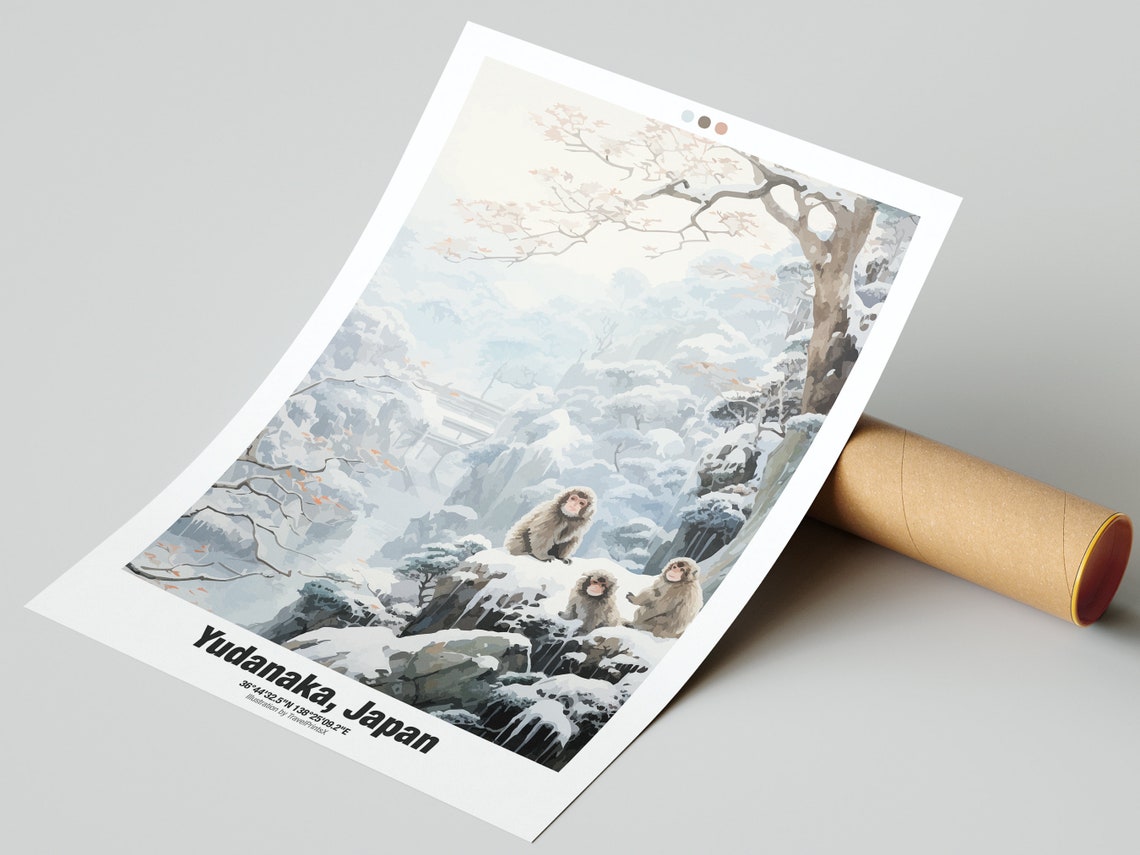 Yudanaka Japan Travel Poster Snow Monkey Poster Japanese Macaque Illustration - Image 2