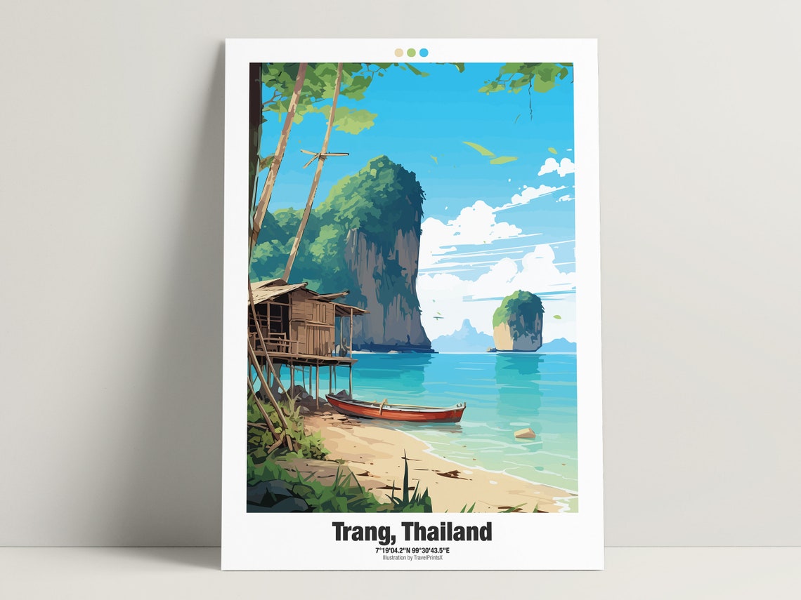 Trang Thailand Secluded Beach Karsts Stilt Hut Longtail Boat Poster - Image 3