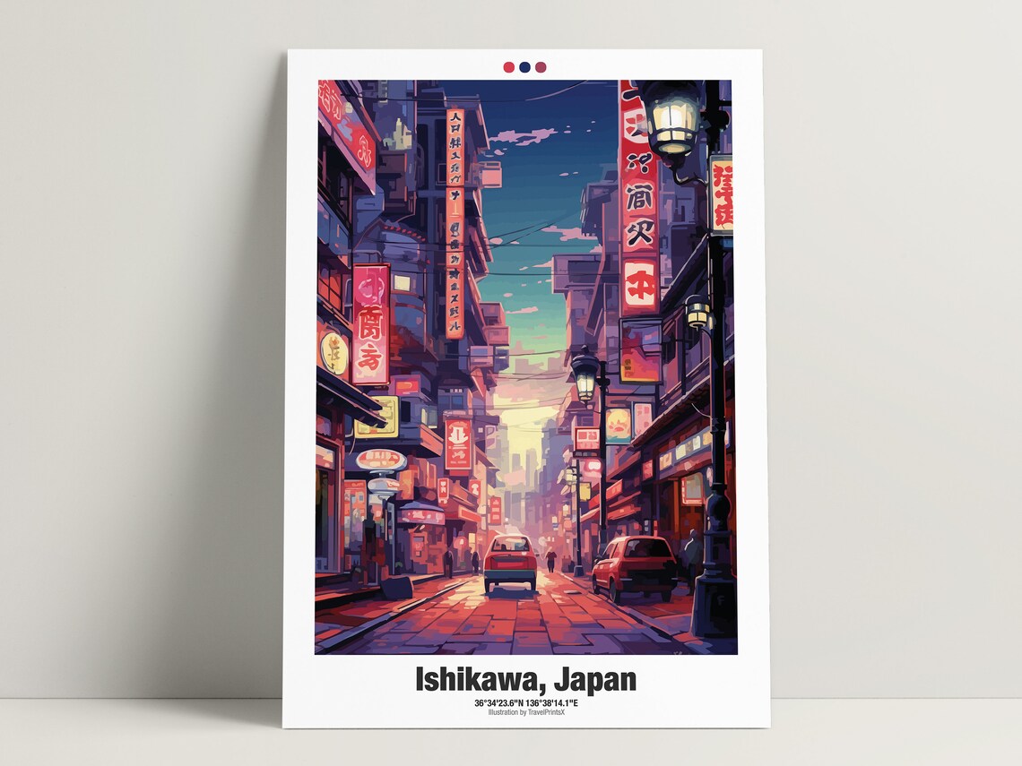 Ishikawa Japan Neon City Street Night Lights Urban Travel Poster - Image 3