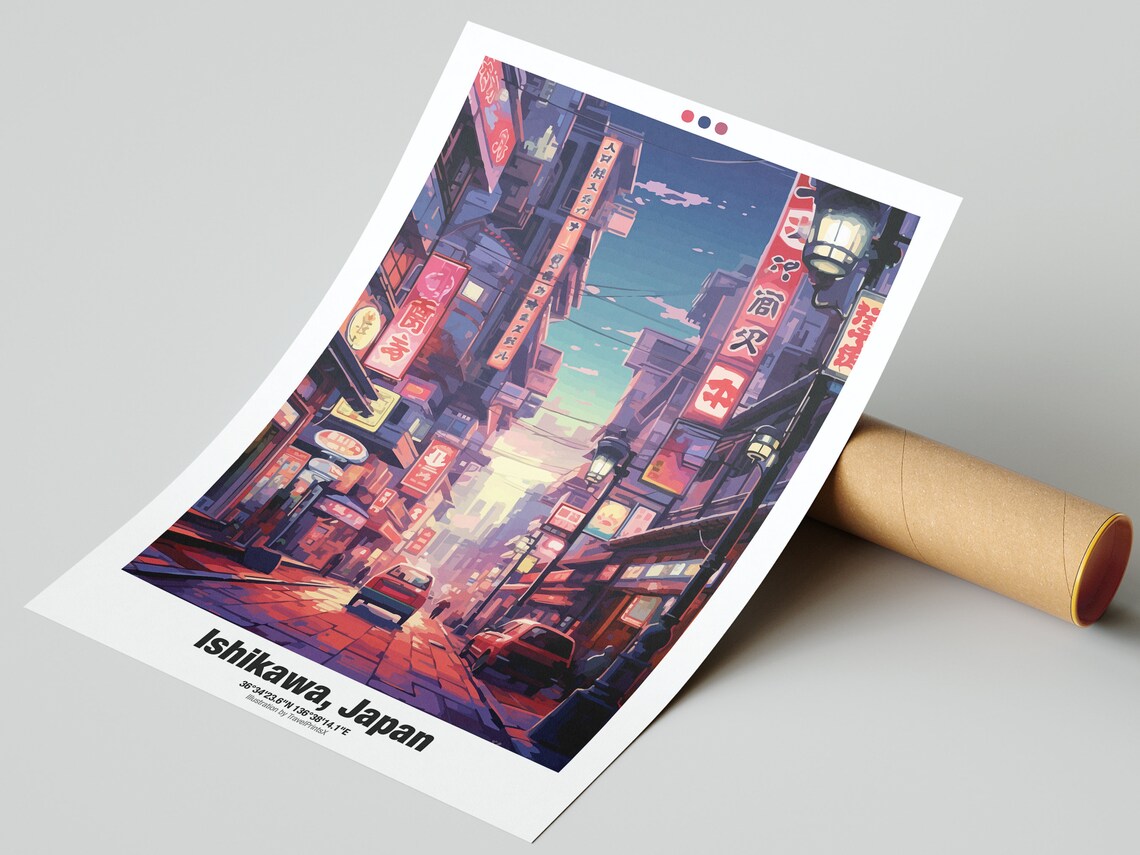Ishikawa Japan Neon City Street Night Lights Urban Travel Poster - Image 2