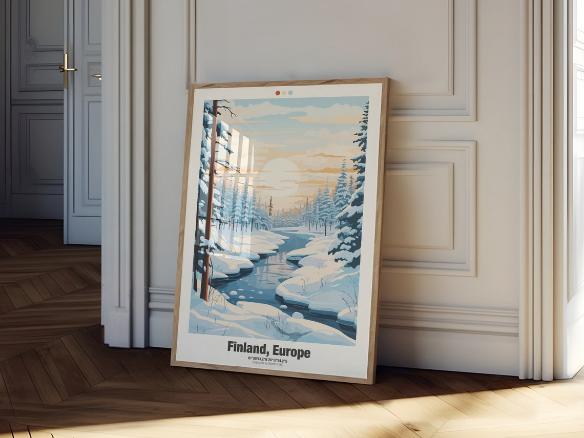 Finland Europe Snowy Pine Forest River Sunset Winter Travel Poster - Image 2