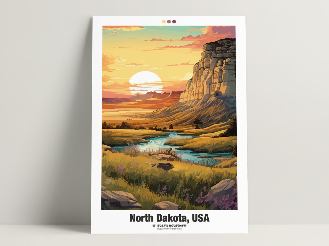North Dakota Sunrise River Valley Cliff Nature Travel Poster - Image 3