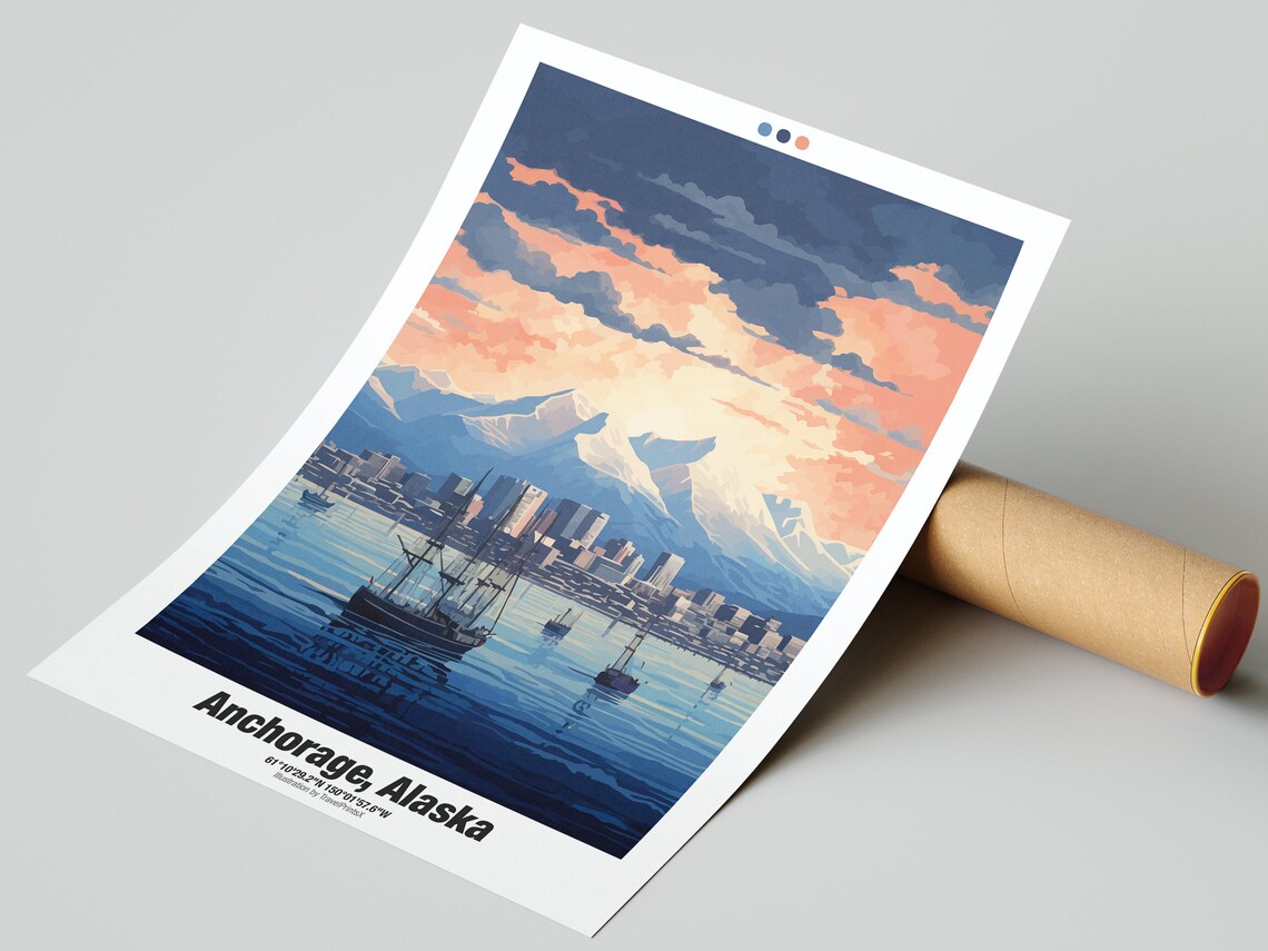 Anchorage Alaska Harbor Snowy Mountain Tall Ships Sunset Travel Poster - Image 2