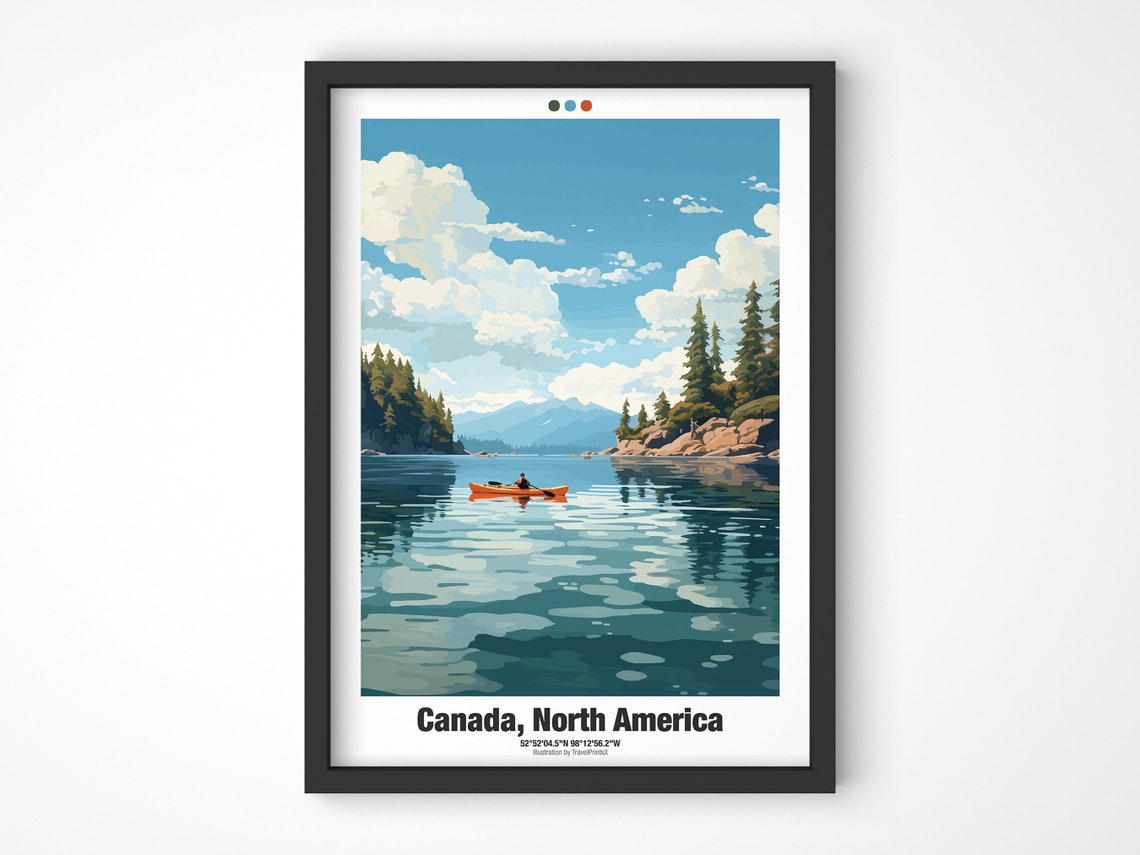 Canada Kayak Lake Pine Islands Mountains Calm Water Travel Poster - Image 4
