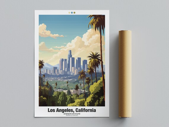 Los Angeles California Downtown Skyline Palm Trees Sunset Travel Poster