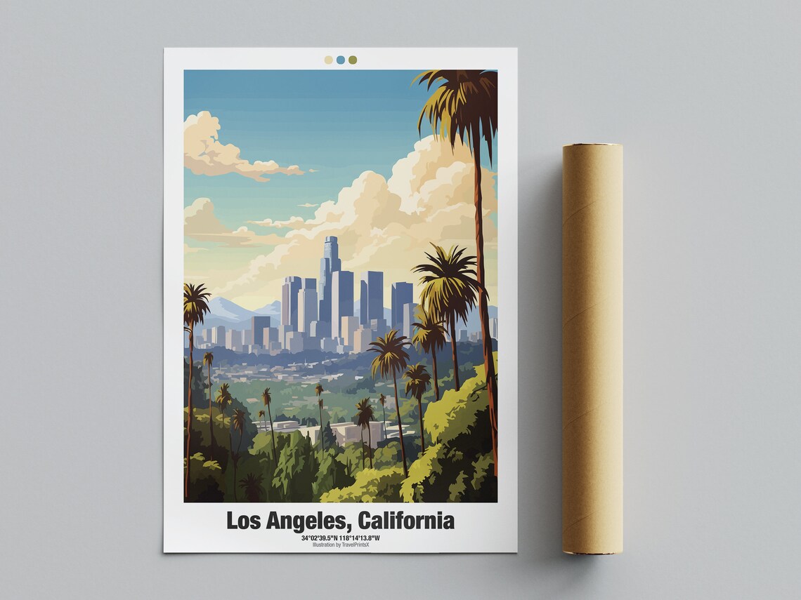 Los Angeles California Downtown Skyline Palm Trees Sunset Travel Poster