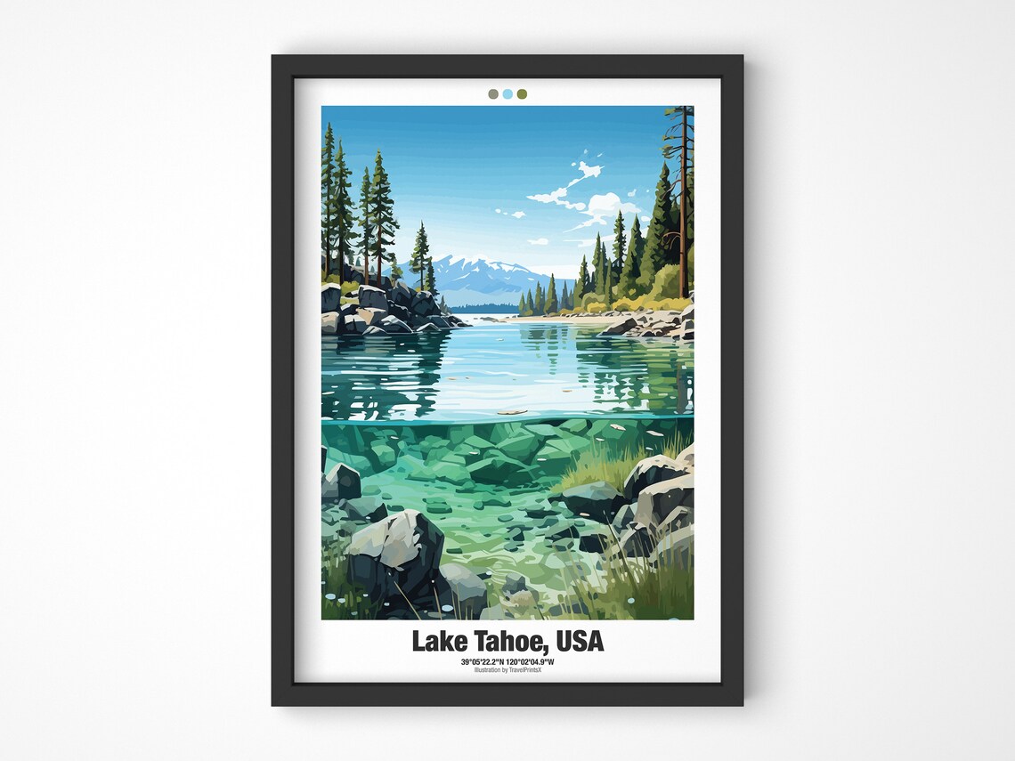 Lake Tahoe USA Clear Water Pine Shore Underwater Rocks Travel Poster - Image 3